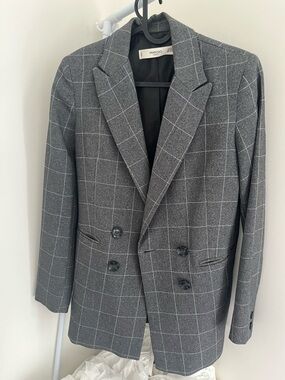 Mango Charcoal Gray Windowpane Double-Breasted Blazer